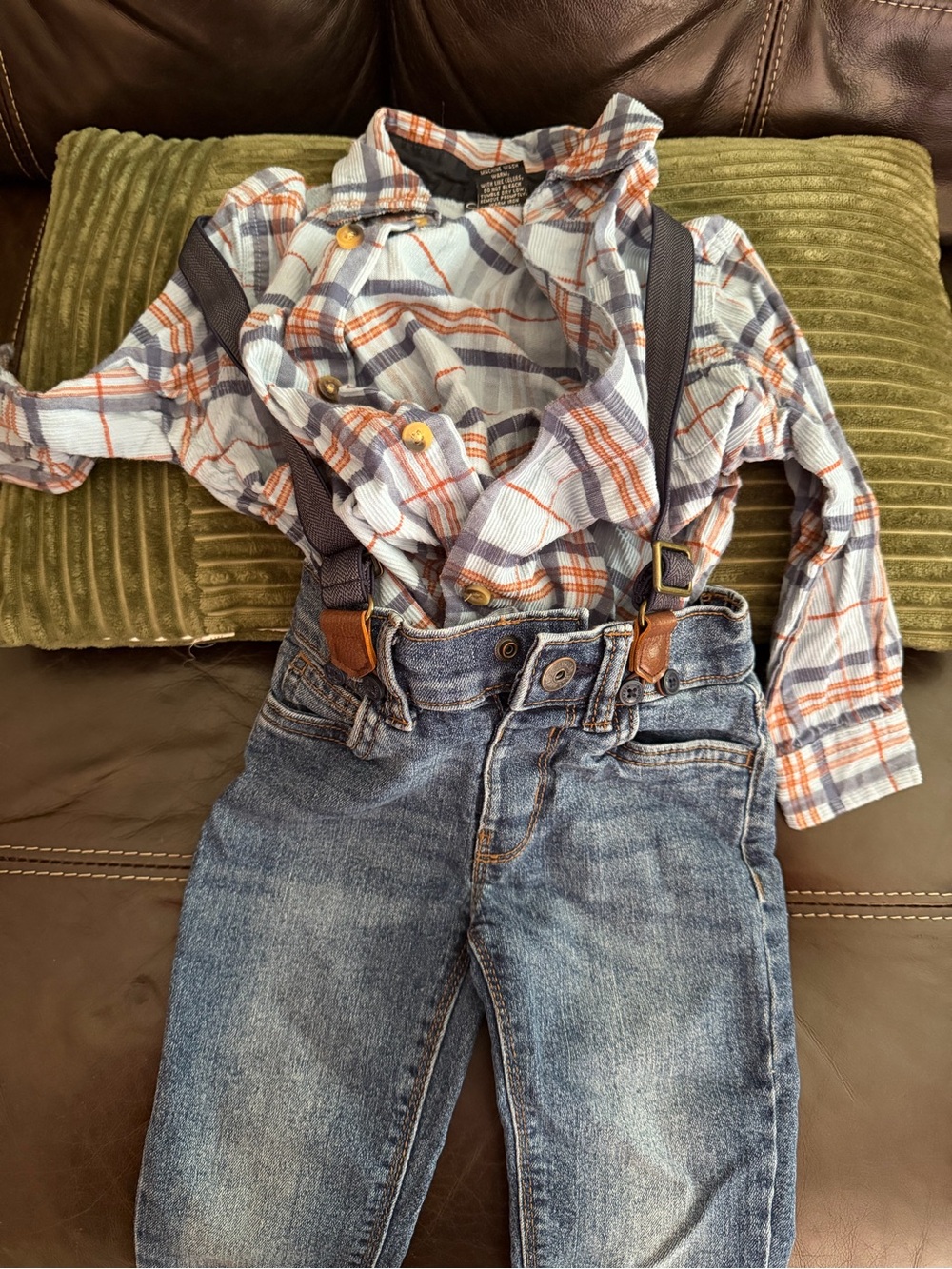 Cherokee Light Blue Plaid Button-Up Shirt with Rust and Gray Stripes